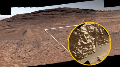 A photo of Mars's surface with a close-up image of tiny egg-like nodules inset