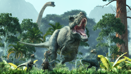 Tyrannosaurus and velociraptor walking through the forest. This Dinosaur lived in the late Cretaceous period. This is a 3d render illustration.