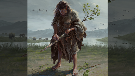 An artist&rsquo;s reconstruction of a Marathousa 1 paleo-lithic woman producing a digging stick from a small alder tree trunk with a small stone tool. 